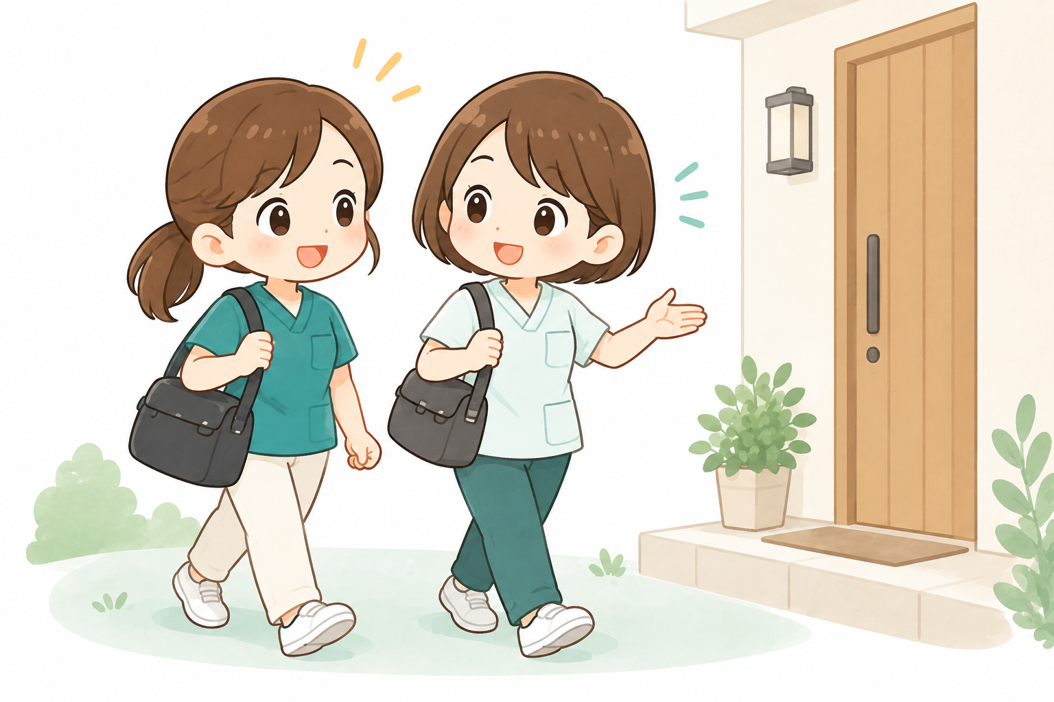 先輩看護師と一緒に利用者宅へ同行訪問する看護師のイラスト