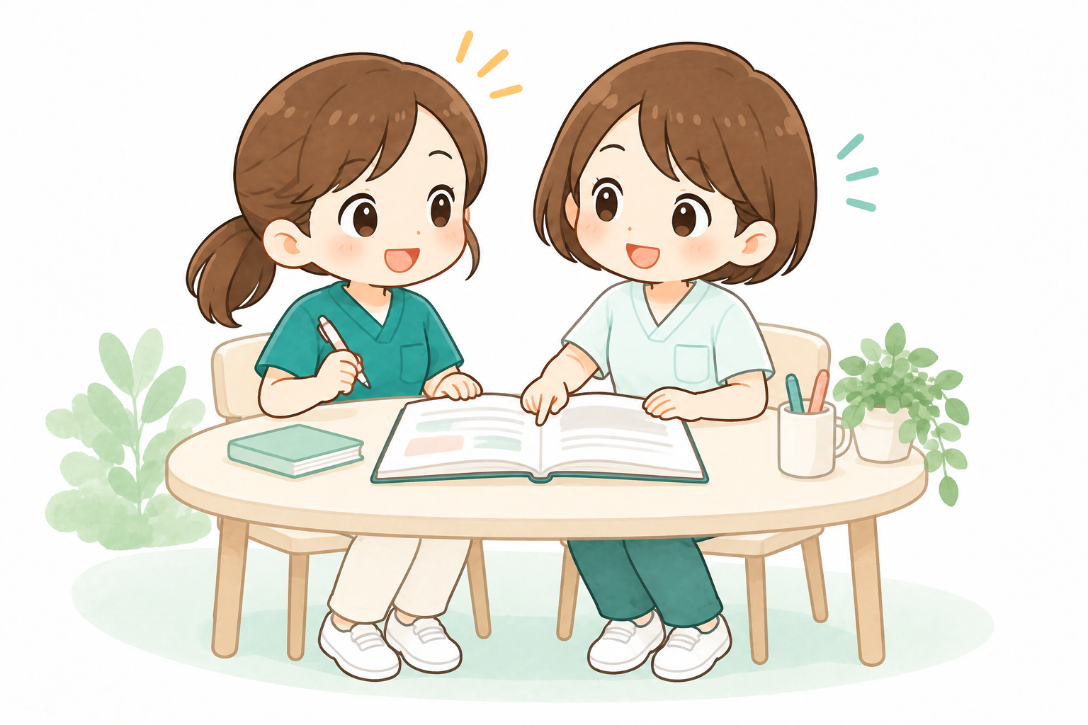 先輩と記録を見ながら利用者ごとの支援内容を確認する看護師のイラスト