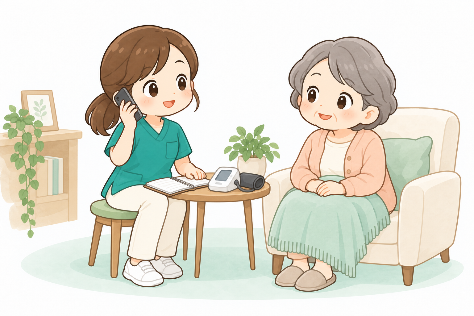 利用者宅で状態を確認した後、利用者のそばで電話相談する看護師のイラスト