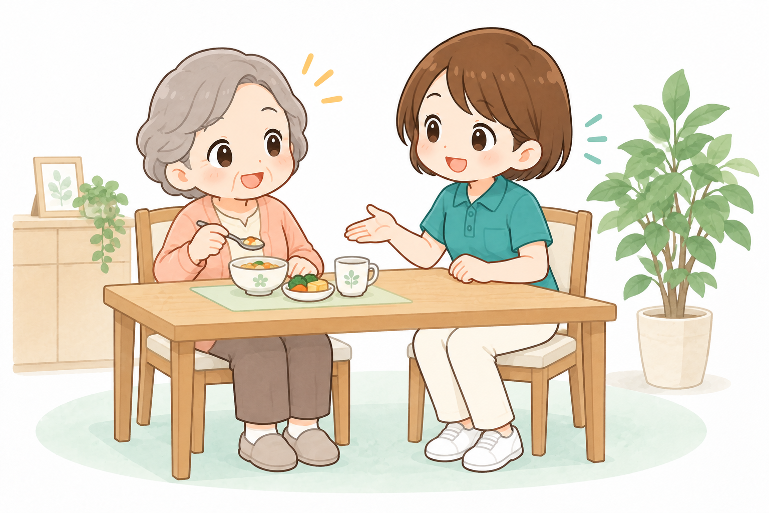 食卓で利用者の食事を見守る言語聴覚士