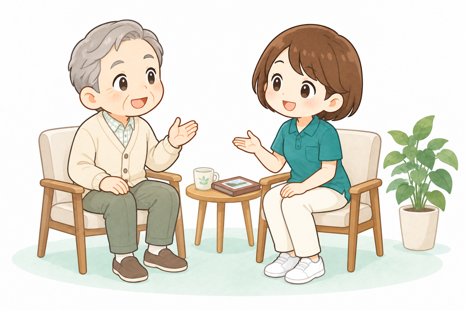 自宅で利用者と対面して会話する言語聴覚士