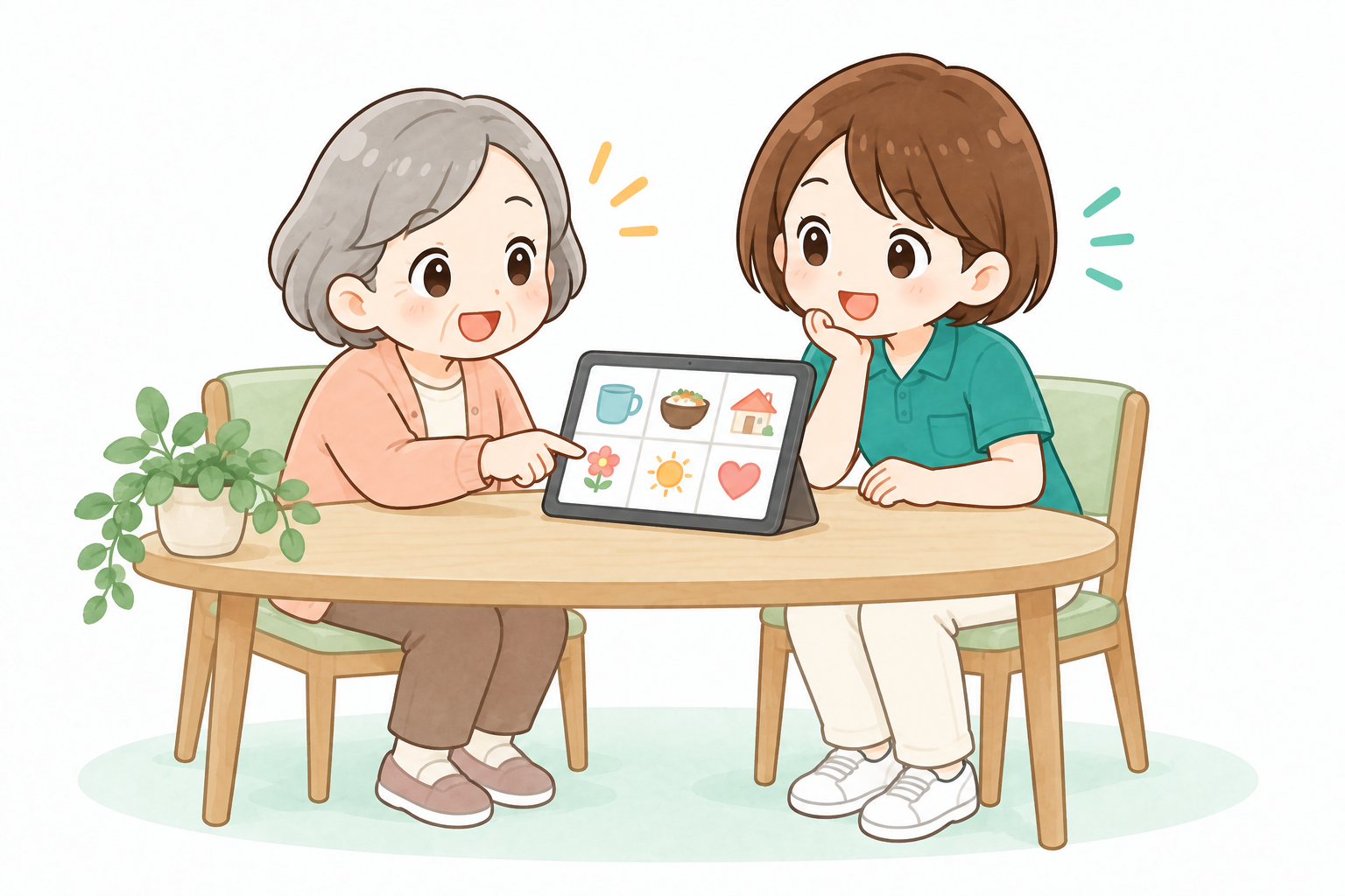 タブレットの絵を使って意思を伝える利用者と言語聴覚士