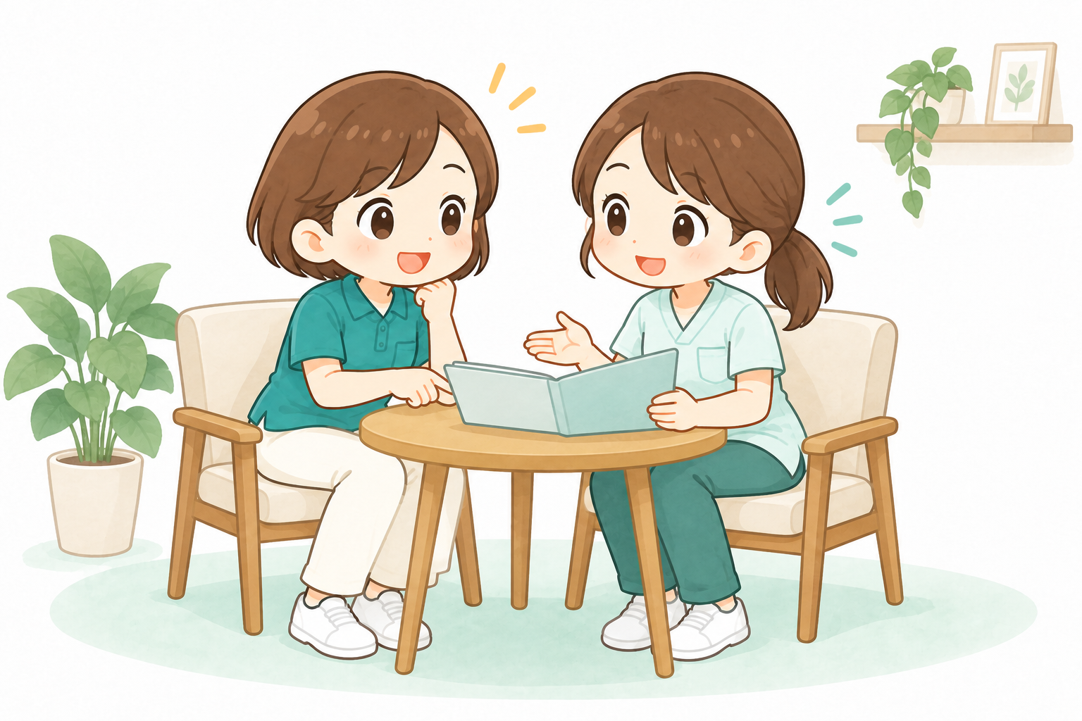 同僚と記録を確認しながら支援方法を相談する言語聴覚士