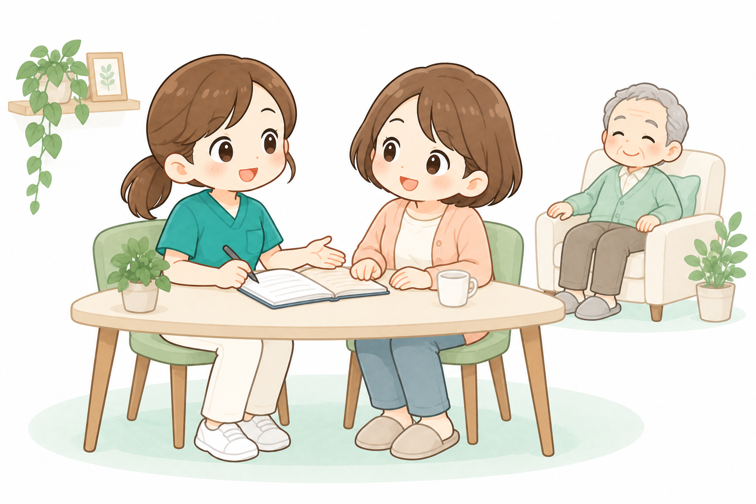 利用者がくつろぐ自宅で、家族と記録を見ながら相談する訪問看護師