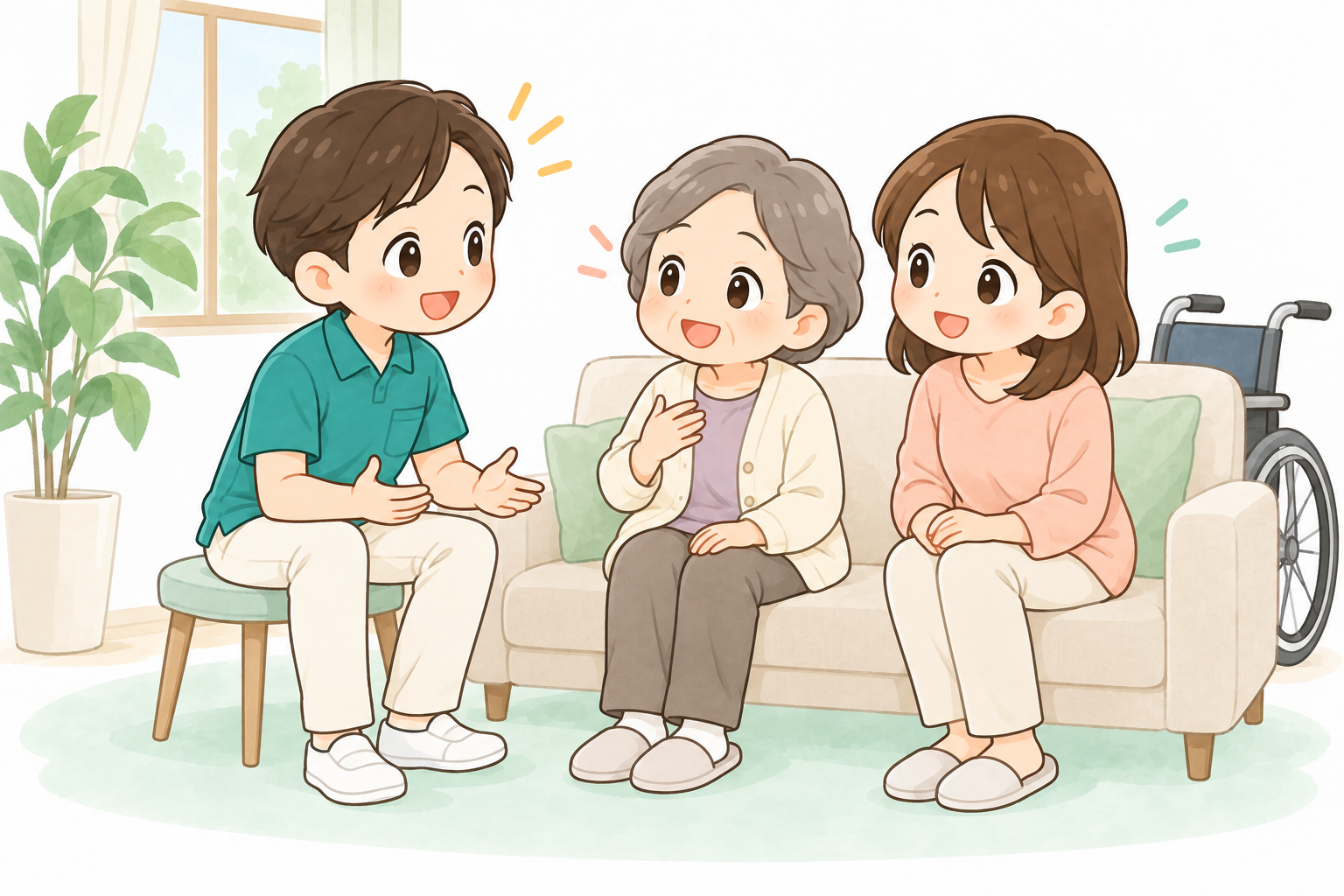 利用者と家族の話を聴く男性の理学療法士