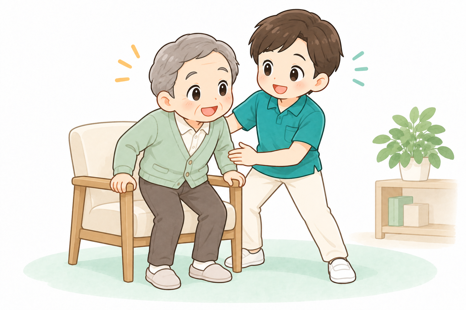 椅子から立ち上がる利用者を支える男性の理学療法士