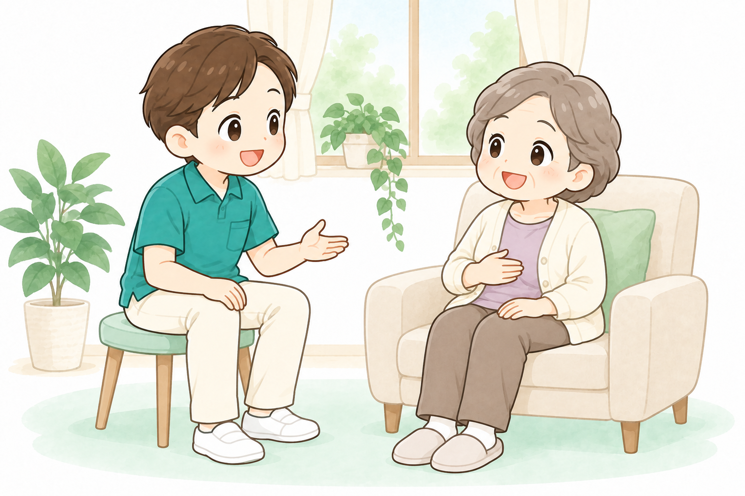 利用者の呼吸や疲労の様子を確認する男性の理学療法士