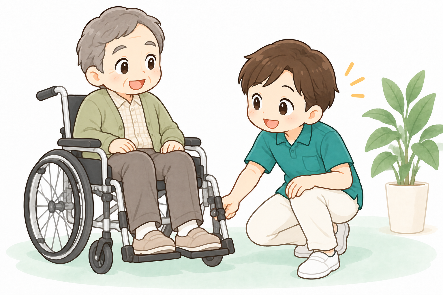 車いすの足台と足の位置を確認する男性の理学療法士