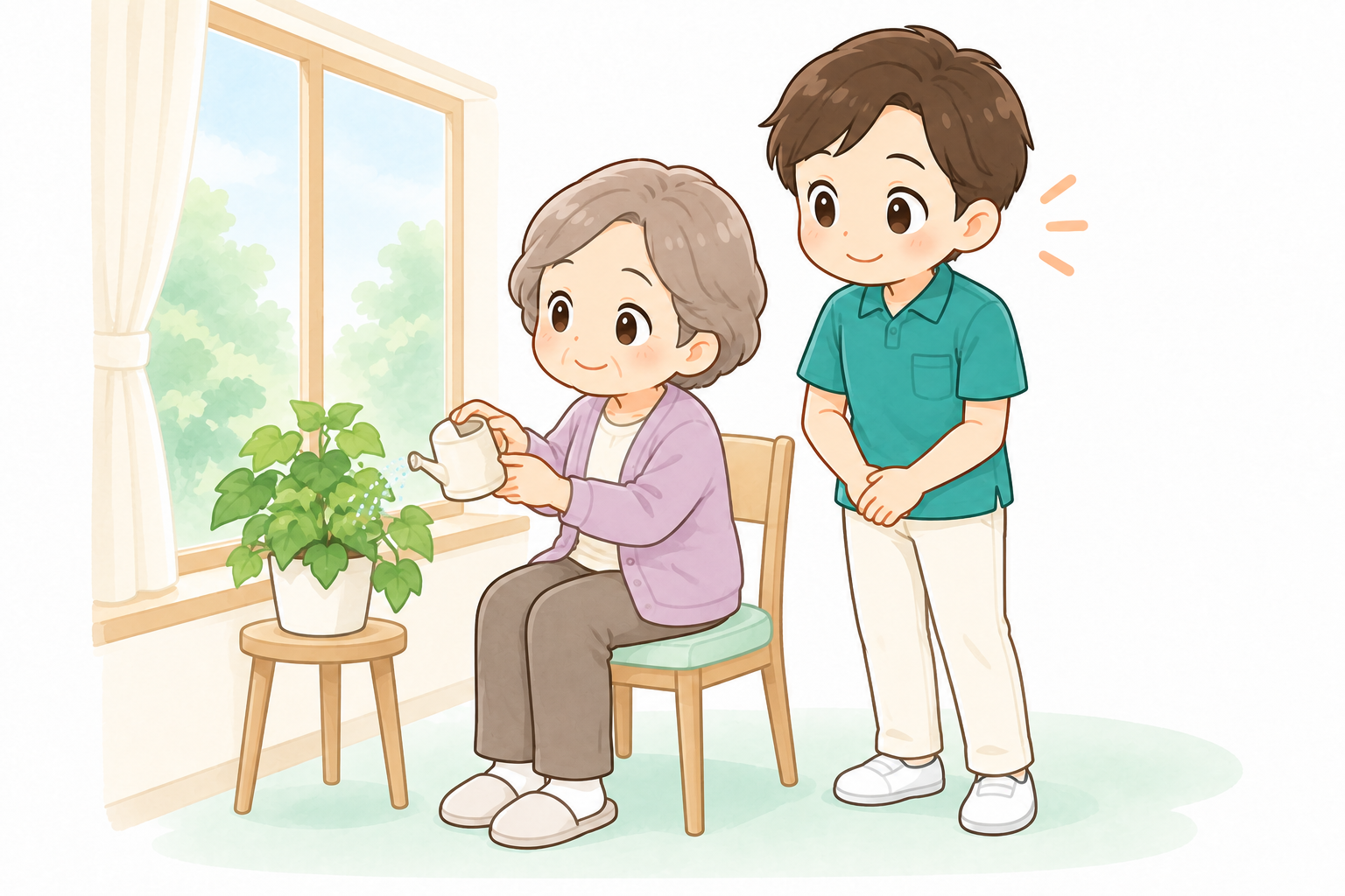 植物に水をやる利用者を見守る男性の理学療法士