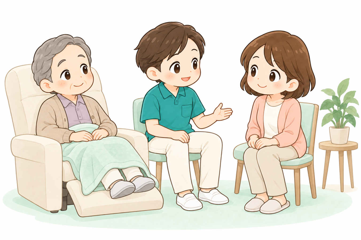 利用者が休むそばで家族と相談する男性の理学療法士