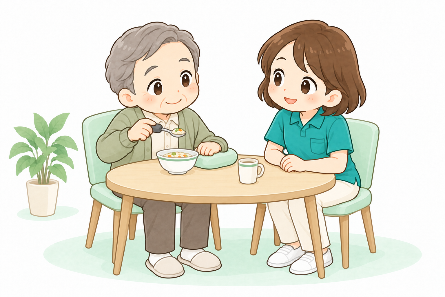 太柄のスプーンで自分で食べる利用者と見守る作業療法士