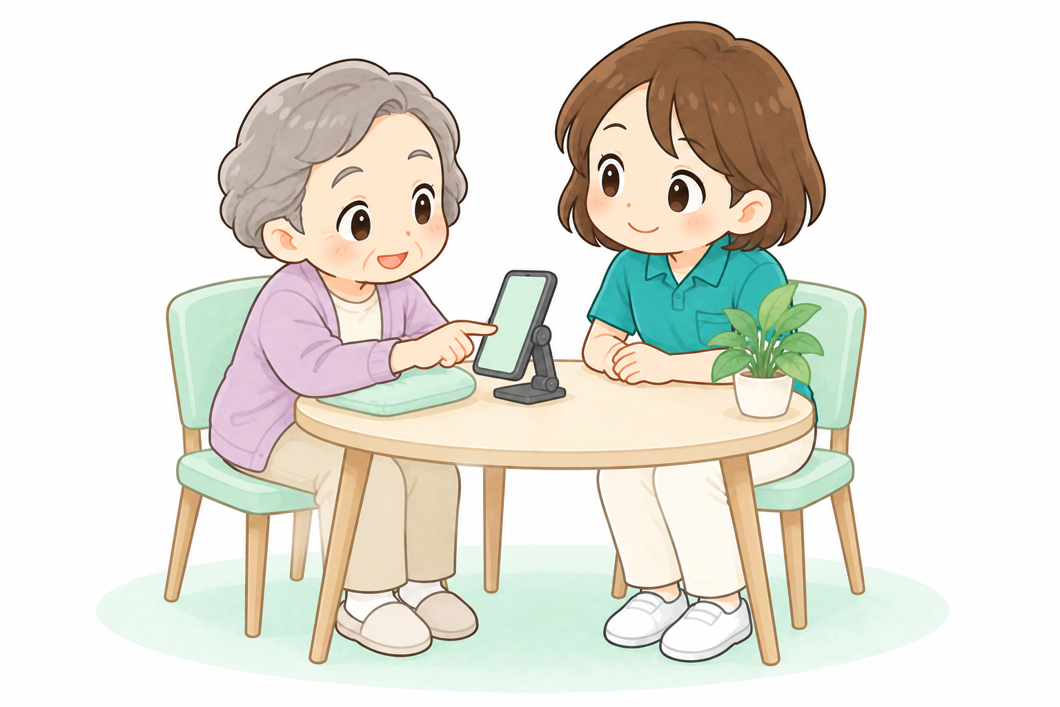 卓上スタンドのスマートフォンを操作する利用者と作業療法士
