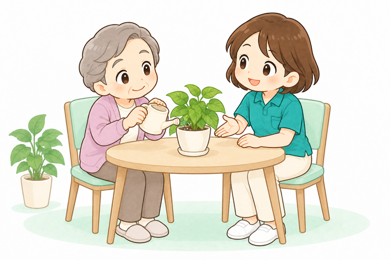 座って観葉植物に水をやる利用者と作業療法士